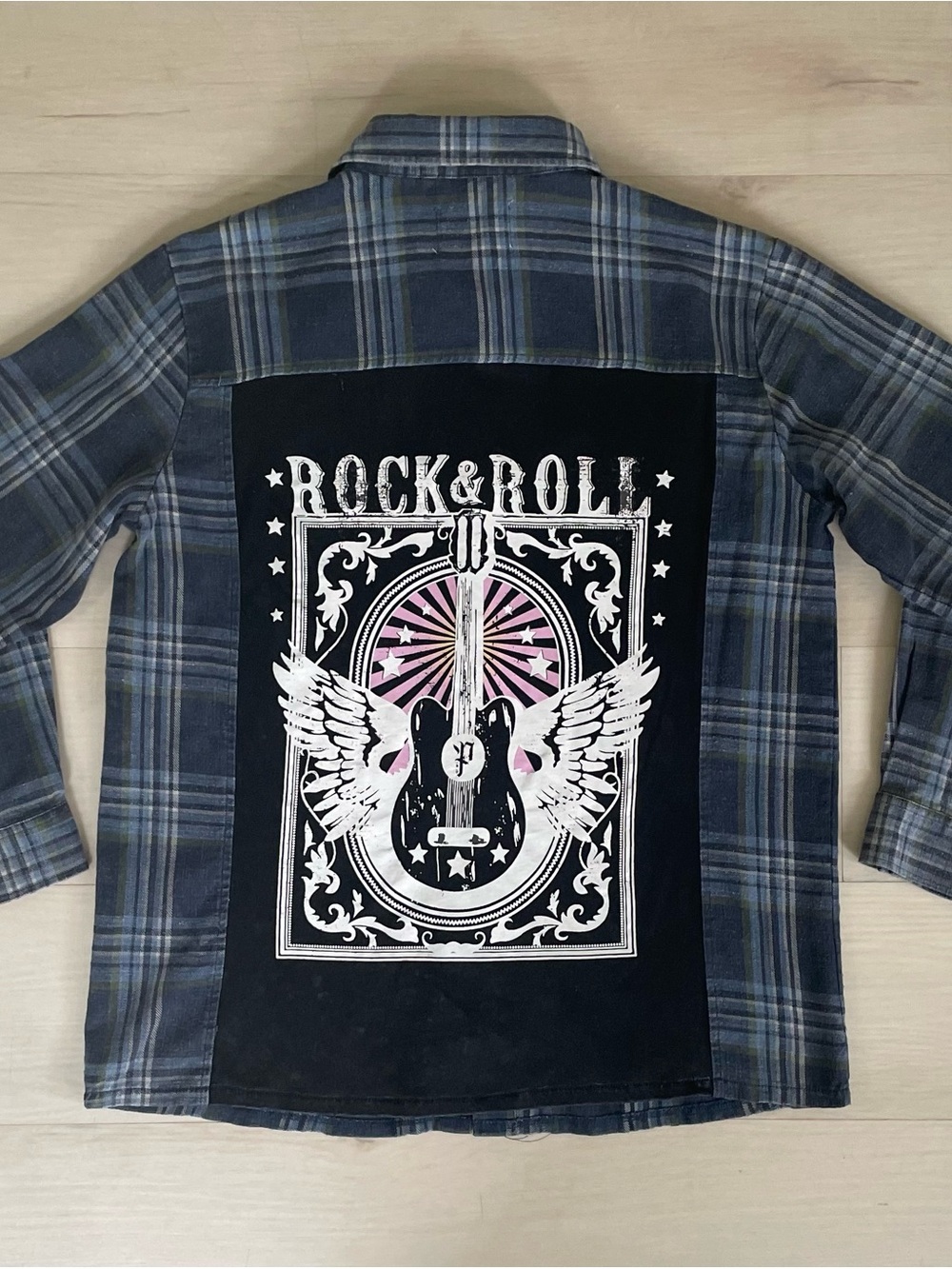Panache Plaid Flannel Shirt Women Large Rock N Roll Guitar Graphic Button Up
